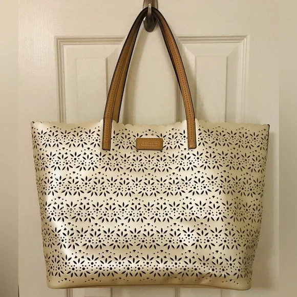 #006. COACH Metro Eyelet Perforated Tote - metallic cream & tan leather handles